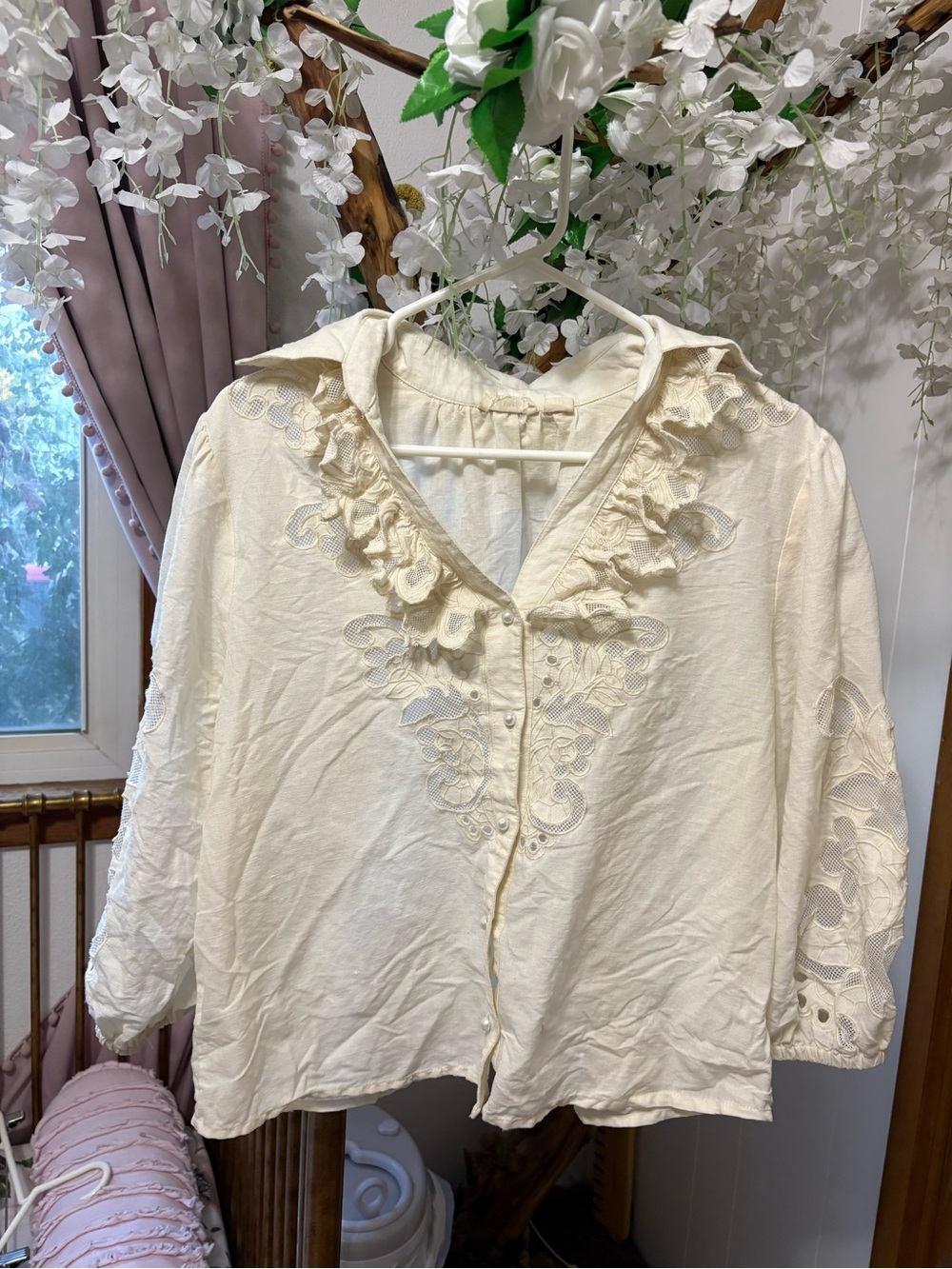 Vintage Cream Embroidered Ruffle Button-Down Blouse